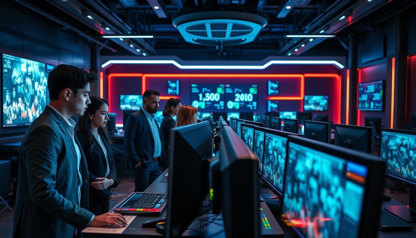 A high-tech digital environment showcasing "3A" entertainment technology. In the foreground, a professional-looking team of diverse individuals dressed in business attire, analyzing live video streams on various high-resolution monitors. The middle ground features sleek computers and advanced streaming equipment with glowing LED indicators, symbolizing cutting-edge real-time streaming technology. In the background, a dimly lit yet vibrant studio with futuristic design elements and screens displaying data analytics, faintly glowing in ambient blue and green light. The atmosphere conveys innovation, sophistication, and excitement. The angle is slightly elevated, capturing the dynamic interactions among the team members as they engage with the technology, enhancing the focus on the streaming technology being discussed.