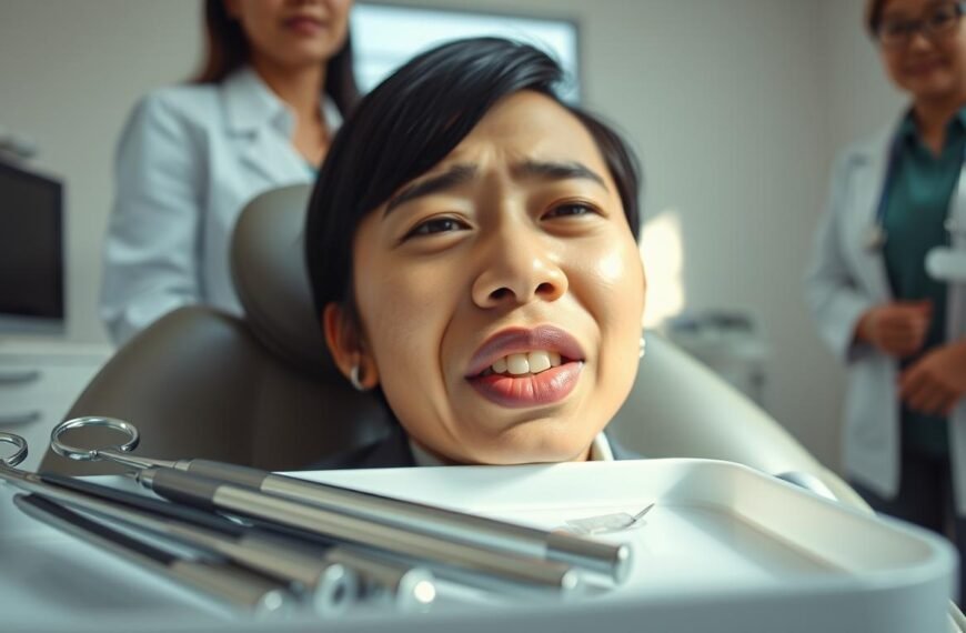 A close-up view of a patient post-wisdom tooth surgery, showing the lower lip with slight swelling and a subtle expression of discomfort. The foreground features a sterile, clinical setting with surgical instruments neatly arranged on a tray. In the middle, the patient, a young Asian adult wearing a comfortable, modest, casual shirt, is seated in a dental chair, looking slightly apprehensive but supported by a nurse in professional attire standing nearby. Natural light filters in from a window, creating a calm atmosphere, highlighting the patient’s face and expressions, while the background softly fades into a blurred dental office, suggesting a focus on recovery. The mood is one of concern, yet hope, encapsulating the experience of facing temporary numbness.