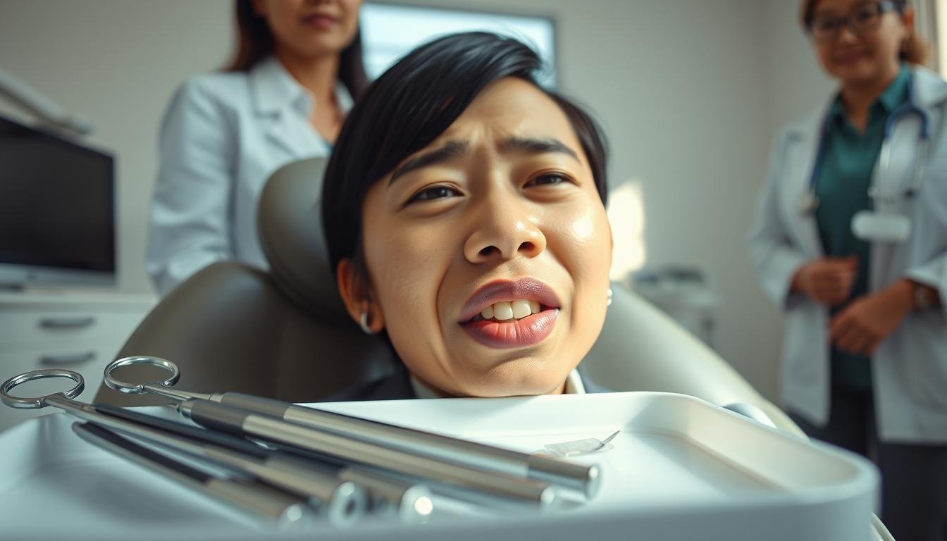 A close-up view of a patient post-wisdom tooth surgery, showing the lower lip with slight swelling and a subtle expression of discomfort. The foreground features a sterile, clinical setting with surgical instruments neatly arranged on a tray. In the middle, the patient, a young Asian adult wearing a comfortable, modest, casual shirt, is seated in a dental chair, looking slightly apprehensive but supported by a nurse in professional attire standing nearby. Natural light filters in from a window, creating a calm atmosphere, highlighting the patient’s face and expressions, while the background softly fades into a blurred dental office, suggesting a focus on recovery. The mood is one of concern, yet hope, encapsulating the experience of facing temporary numbness.