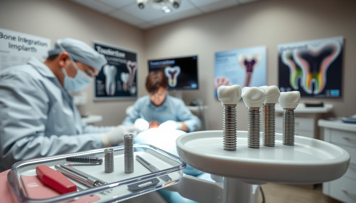 A detailed dental clinic interior, showcasing the process of dental implants. In the foreground, a dentist in professional attire performs the implant procedure on a patient in a dental chair, focusing on the surgical tools and implant components. The middle ground features an assistant preparing materials and tools on a sterile tray, highlighting the organized environment. In the background, dental posters and a monitor display educational content about bone integration and oral health. Soft, bright lighting illuminates the scene, creating a clean, calm atmosphere. The angle is slightly above eye level, providing a comprehensive view of the procedure, evoking a sense of professionalism and care. No text or branding present in the image.