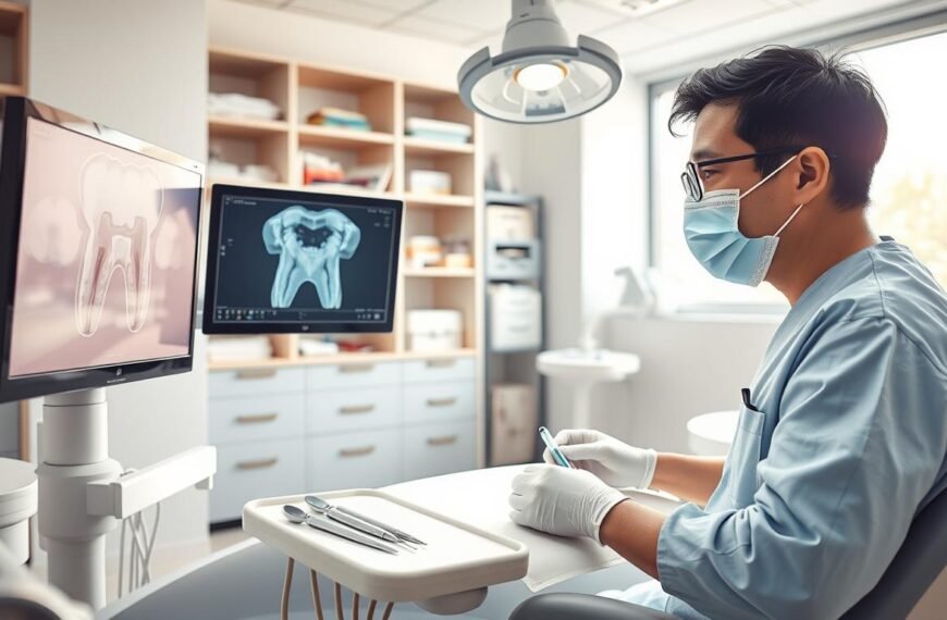 A detailed dental clinic scene illustrating the "杜牙根治療過程" (root canal treatment). In the foreground, a dentist, dressed in professional scrubs and a mask, is carefully examining an X-ray on a digital screen. The middle ground features a dental chair where a patient is reclining calmly, with dental tools neatly arranged on a tray beside them, and focused overhead lighting illuminating the area. In the background, shelves stocked with dental supplies and a large window letting in natural light create a welcoming atmosphere. The color palette is bright and clean, reflecting a professional and sterile environment. The mood is focused and reassuring, capturing the intricate process of root canal treatment and the meticulous care involved.