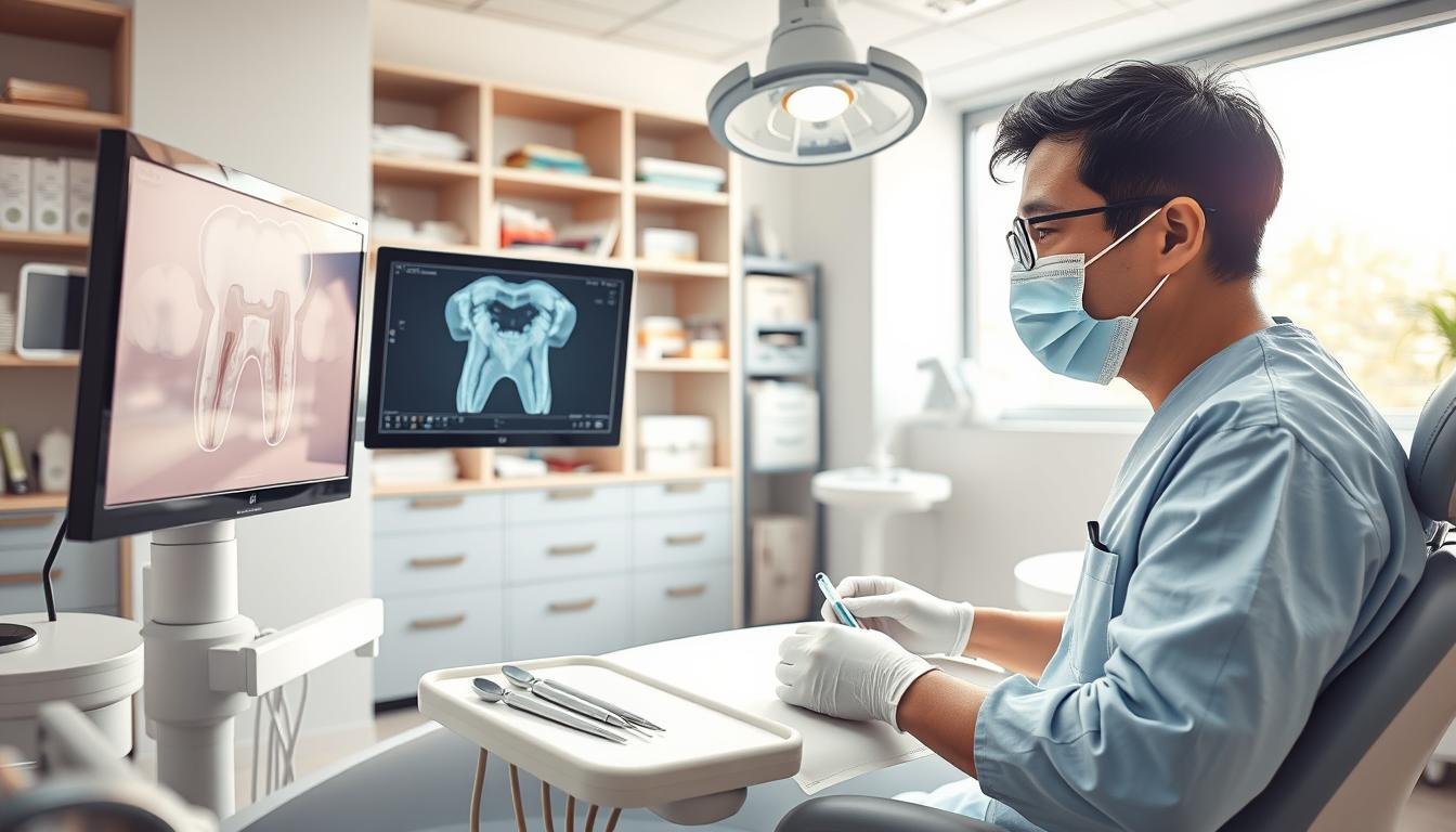 A detailed dental clinic scene illustrating the "杜牙根治療過程" (root canal treatment). In the foreground, a dentist, dressed in professional scrubs and a mask, is carefully examining an X-ray on a digital screen. The middle ground features a dental chair where a patient is reclining calmly, with dental tools neatly arranged on a tray beside them, and focused overhead lighting illuminating the area. In the background, shelves stocked with dental supplies and a large window letting in natural light create a welcoming atmosphere. The color palette is bright and clean, reflecting a professional and sterile environment. The mood is focused and reassuring, capturing the intricate process of root canal treatment and the meticulous care involved.