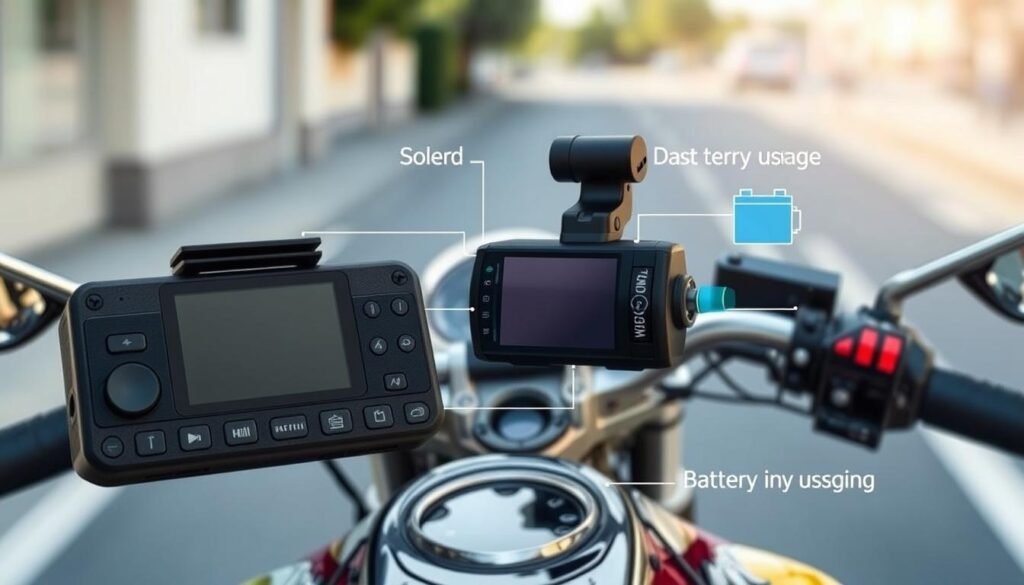A detailed illustration of a motorcycle dashcam operation, showcasing its internal components and functionality. In the foreground, the dashcam unit is prominently displayed, with visible buttons, lenses, and a screen, all highlighted with detailed technical diagrams. In the middle ground, a motorcycle is depicted, showing the dashcam mounted on the handlebars, emphasizing its position during use. The background includes a blurred street setting, conveying a sense of movement and travel. The lighting is bright, simulating daylight, to enhance the clarity of the components. The atmosphere conveys a sense of innovation and efficiency, illustrating the relationship between the motorcycle, the dashcam, and battery usage. The perspective is slightly angled to provide a dynamic view of the setup.