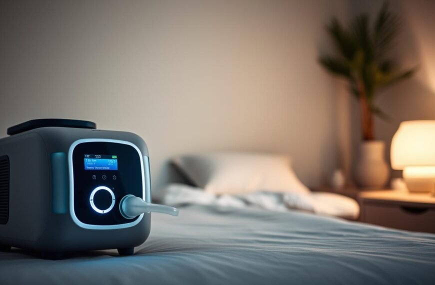 A modern sleep apnea machine displayed prominently in the foreground, showcasing its sleek design with a digital interface and specialized mask. Soft, diffused lighting highlights the machine's features, casting gentle shadows that add depth. In the middle ground, a calming bedroom setting with a neatly made bed, a comfortable pillow, and a bedside table with a soft, glowing lamp creates a serene environment. In the background, a peaceful wall color and subtle decorative elements enhance the tranquil atmosphere. The composition is shot from a slightly elevated angle, drawing focus to the sleep machine while emphasizing its role in improving sleep quality. The mood is serene, inviting, and informative, reflecting the importance of selecting the right sleep apnea device for better health.