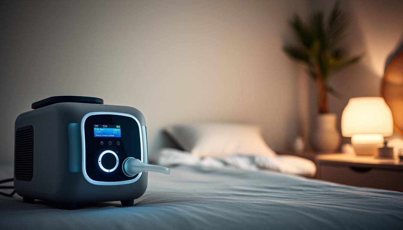 A modern sleep apnea machine displayed prominently in the foreground, showcasing its sleek design with a digital interface and specialized mask. Soft, diffused lighting highlights the machine's features, casting gentle shadows that add depth. In the middle ground, a calming bedroom setting with a neatly made bed, a comfortable pillow, and a bedside table with a soft, glowing lamp creates a serene environment. In the background, a peaceful wall color and subtle decorative elements enhance the tranquil atmosphere. The composition is shot from a slightly elevated angle, drawing focus to the sleep machine while emphasizing its role in improving sleep quality. The mood is serene, inviting, and informative, reflecting the importance of selecting the right sleep apnea device for better health.