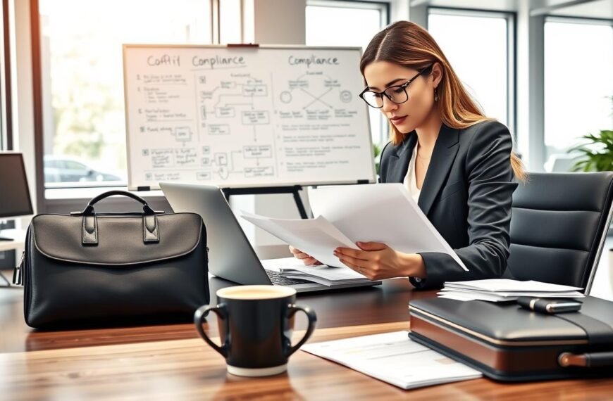 A professional secretary is seated at a sleek, modern office desk, surrounded by documents and a laptop. She is wearing a smart business suit, exhibiting focus and determination as she carefully reviews compliance paperwork. In the foreground, a cup of coffee adds a cozy touch, while a briefcase with company branding rests nearby. The middle ground features a whiteboard with organized notes and flowcharts illustrating company formation processes. The background shows a stylish office environment with large windows, allowing natural light to flood in, creating a bright and organized atmosphere. The image should convey professionalism, diligence, and the essential role of a secretary in maintaining compliance during company formation. Use soft, warm lighting to enhance the inviting mood.