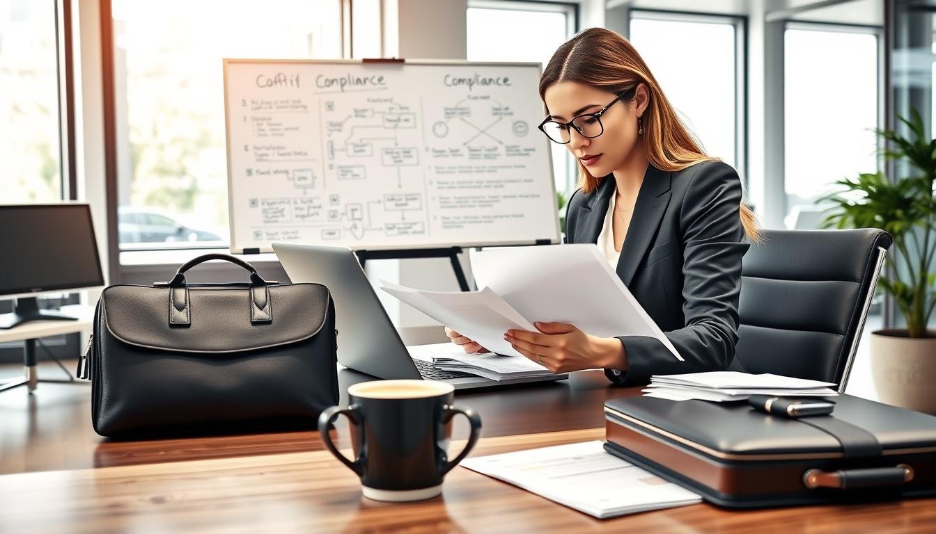 A professional secretary is seated at a sleek, modern office desk, surrounded by documents and a laptop. She is wearing a smart business suit, exhibiting focus and determination as she carefully reviews compliance paperwork. In the foreground, a cup of coffee adds a cozy touch, while a briefcase with company branding rests nearby. The middle ground features a whiteboard with organized notes and flowcharts illustrating company formation processes. The background shows a stylish office environment with large windows, allowing natural light to flood in, creating a bright and organized atmosphere. The image should convey professionalism, diligence, and the essential role of a secretary in maintaining compliance during company formation. Use soft, warm lighting to enhance the inviting mood.