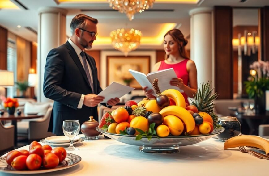 A refined hotel dining setup featuring an elegant table adorned with a luxurious fruit platter at the forefront, showcasing an array of meticulously arranged exotic fruits, elegantly presented. In the middle ground, a pair of professional businesspeople, a man in a tailored suit and a woman in a chic dress, engage in conversation while reviewing a budget document and a menu, embodying a serious yet friendly atmosphere. The background reveals a sophisticated hotel lobby with soft ambient lighting, plush furnishings, and tasteful decorations to enhance the upscale setting. The overall mood conveys a sense of careful consideration and importance surrounding hotel expenses, capturing both professionalism and the allure of hospitality in a vivid, inviting manner.