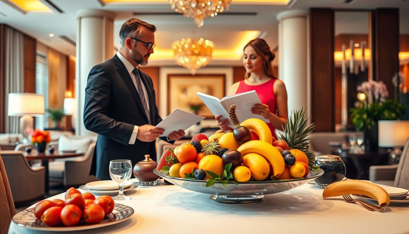 A refined hotel dining setup featuring an elegant table adorned with a luxurious fruit platter at the forefront, showcasing an array of meticulously arranged exotic fruits, elegantly presented. In the middle ground, a pair of professional businesspeople, a man in a tailored suit and a woman in a chic dress, engage in conversation while reviewing a budget document and a menu, embodying a serious yet friendly atmosphere. The background reveals a sophisticated hotel lobby with soft ambient lighting, plush furnishings, and tasteful decorations to enhance the upscale setting. The overall mood conveys a sense of careful consideration and importance surrounding hotel expenses, capturing both professionalism and the allure of hospitality in a vivid, inviting manner.