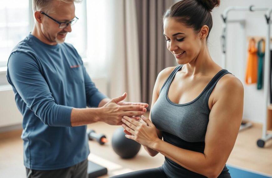 A serene rehabilitation therapy setting featuring a physiotherapist assisting a patient with joint stiffness in an office-like environment. In the foreground, the physiotherapist is demonstrating a hands-on technique to improve soft tissue elasticity, showcasing a gentle yet focused expression. The patient, dressed in modest activewear, is engaged in a supportive position, indicating trust and cooperation. In the middle ground, exercise equipment like resistance bands and weights are subtly visible, suggesting the transition to active muscle strength training. The background includes soft natural lighting streaming through a window, highlighting a calm atmosphere. The overall mood conveys professionalism, compassion, and a holistic approach to rehabilitation, emphasizing the integral connection between manual therapy and strength training.