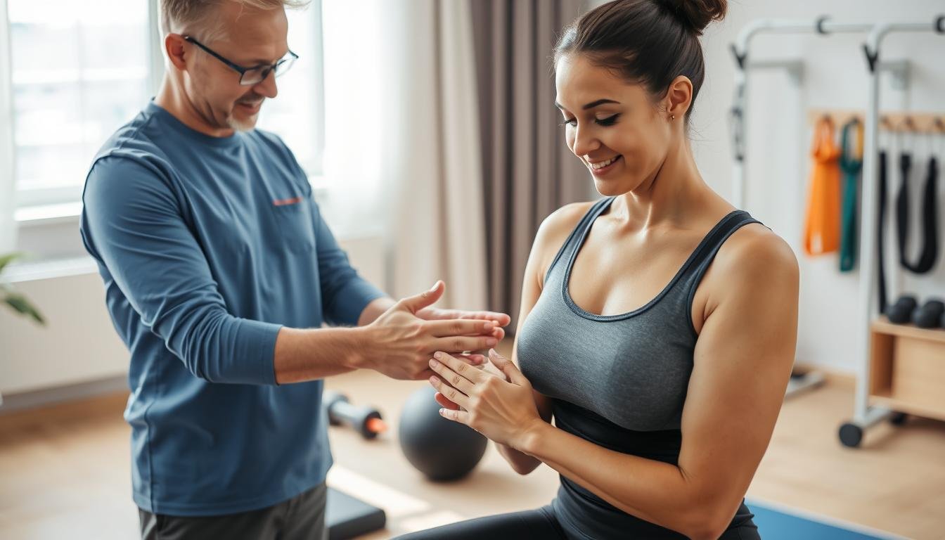 A serene rehabilitation therapy setting featuring a physiotherapist assisting a patient with joint stiffness in an office-like environment. In the foreground, the physiotherapist is demonstrating a hands-on technique to improve soft tissue elasticity, showcasing a gentle yet focused expression. The patient, dressed in modest activewear, is engaged in a supportive position, indicating trust and cooperation. In the middle ground, exercise equipment like resistance bands and weights are subtly visible, suggesting the transition to active muscle strength training. The background includes soft natural lighting streaming through a window, highlighting a calm atmosphere. The overall mood conveys professionalism, compassion, and a holistic approach to rehabilitation, emphasizing the integral connection between manual therapy and strength training.