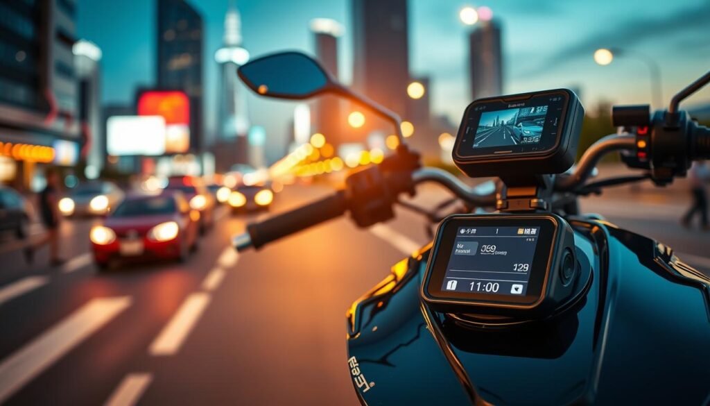 A sleek, modern motorcycle equipped with a state-of-the-art dashcam, prominently featuring the "天鉞" logo. The bike is parked in an urban setting, with vibrant city lights reflecting off its polished surface. In the foreground, zoom in on the digital display of the dashcam, showcasing various recording settings and a clear view of the road ahead. In the middle ground, depict the motorcycle as the focal point, while blurred hints of bustling traffic and pedestrians create a dynamic atmosphere. In the background, skyscrapers are softly illuminated against a twilight sky, capturing the feeling of an energetic, busy city. Use warm lighting to evoke a sense of reliability and innovation. The scene should feel professional and tech-savvy, inviting viewers to explore the features of the product.