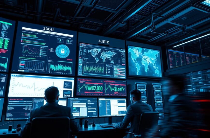 A visually striking and detailed depiction of a cybersecurity operations center responding to a DDoS attack. In the foreground, a team of professionals in smart business attire analyzes a digital dashboard filled with graphs and alerts, their focused expressions illuminated by the soft glow of computer screens. The middle layer showcases multiple large screens displaying real-time network data, security maps, and alert notifications on DDoS activity. In the background, an array of servers and infrastructure symbolizes a robust multi-data center backup system. The atmosphere is intense yet controlled, with cool blue and green lighting emphasizing the high-tech environment, while a slight blur suggests rapid motion, indicating the swift response of the team.