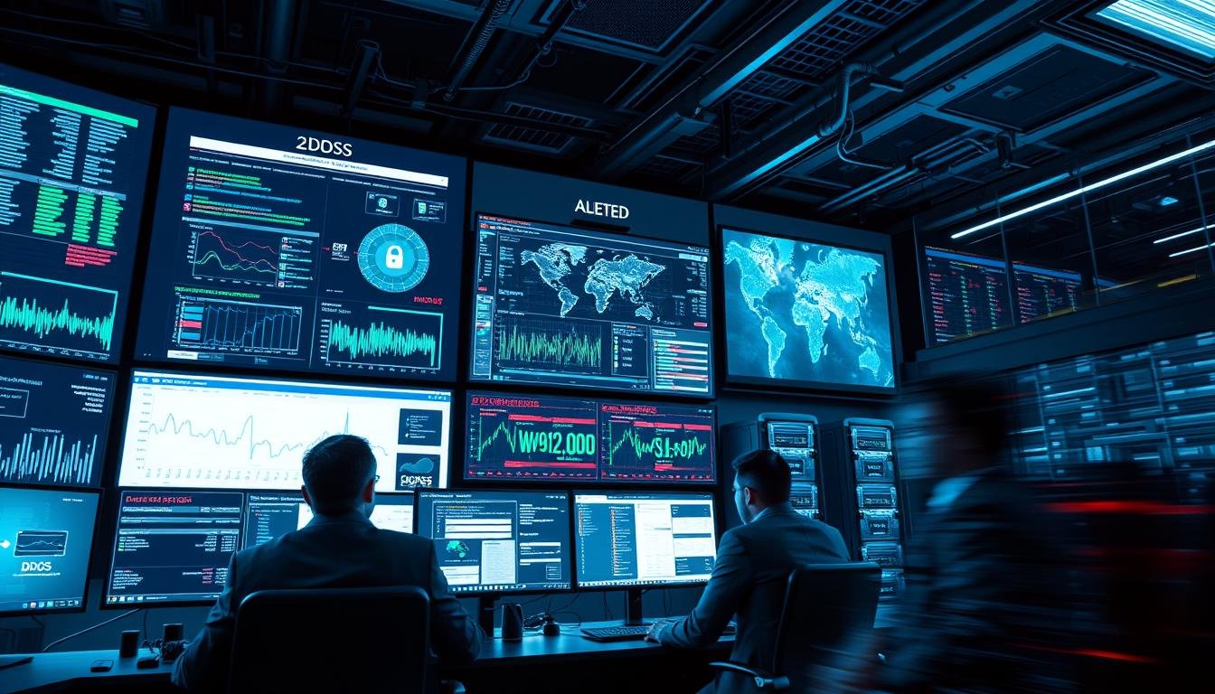 A visually striking and detailed depiction of a cybersecurity operations center responding to a DDoS attack. In the foreground, a team of professionals in smart business attire analyzes a digital dashboard filled with graphs and alerts, their focused expressions illuminated by the soft glow of computer screens. The middle layer showcases multiple large screens displaying real-time network data, security maps, and alert notifications on DDoS activity. In the background, an array of servers and infrastructure symbolizes a robust multi-data center backup system. The atmosphere is intense yet controlled, with cool blue and green lighting emphasizing the high-tech environment, while a slight blur suggests rapid motion, indicating the swift response of the team.