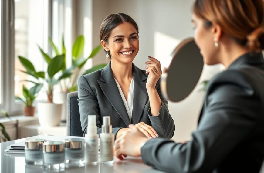 A serene office setting featuring a professional woman in modest business attire. She is applying a collagen-infused skincare product, with a focus on a glowing, hydrated complexion. The foreground includes a well-organized desk with skincare products, emphasizing collagen creams and serums. In the middle ground, the woman is smiling softly while looking into a mirror, surrounded by soft, natural light filtering through a window. The background shows an elegant office with plants and neutral colors, creating a calm atmosphere. The image should convey a sense of empowerment and self-care, highlighting the importance of collagen for maintaining flawless makeup and skin hydration, with a warm and inviting mood.