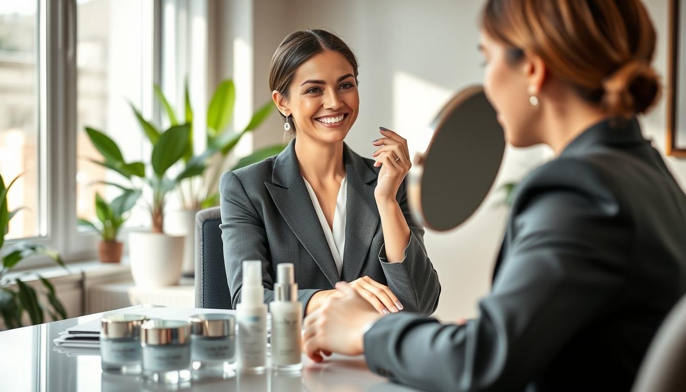 A serene office setting featuring a professional woman in modest business attire. She is applying a collagen-infused skincare product, with a focus on a glowing, hydrated complexion. The foreground includes a well-organized desk with skincare products, emphasizing collagen creams and serums. In the middle ground, the woman is smiling softly while looking into a mirror, surrounded by soft, natural light filtering through a window. The background shows an elegant office with plants and neutral colors, creating a calm atmosphere. The image should convey a sense of empowerment and self-care, highlighting the importance of collagen for maintaining flawless makeup and skin hydration, with a warm and inviting mood.