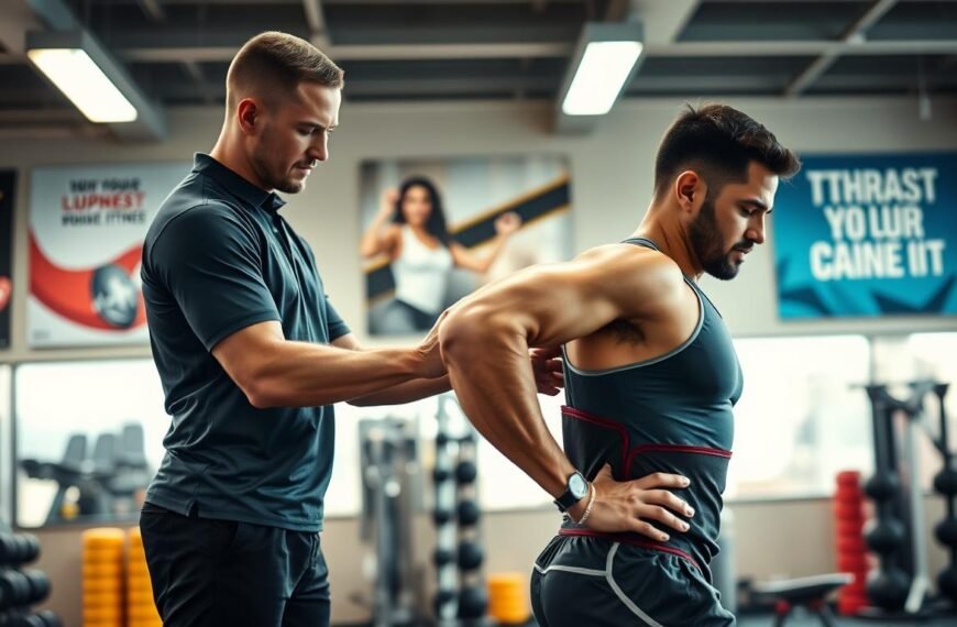 A professional fitness trainer demonstrating the features of a premium athletic lumbar support belt in a bright, modern gym setting. The trainer, wearing a professional athletic outfit, is adjusting the lumbar belt on a male client who is engaging in a stretching exercise, showcasing the belt's fit and functionality. In the background, there are various gym equipment items and motivational fitness posters, adding an energetic atmosphere. The lighting is bright and focused on the interaction between the trainer and client, highlighting the belt's design details, such as its material and ergonomic shape. The angle captures both their expressions and the product effectively, emphasizing professionalism and trust in athletic performance enhancement.