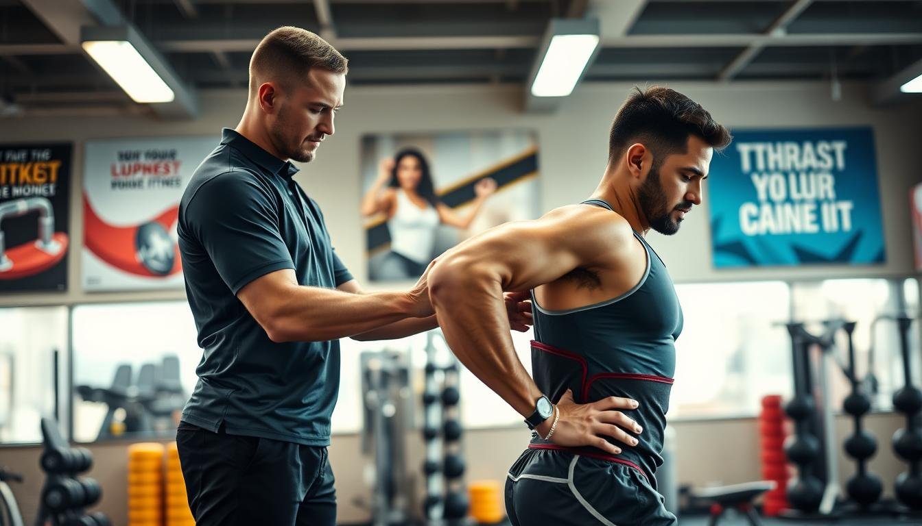A professional fitness trainer demonstrating the features of a premium athletic lumbar support belt in a bright, modern gym setting. The trainer, wearing a professional athletic outfit, is adjusting the lumbar belt on a male client who is engaging in a stretching exercise, showcasing the belt's fit and functionality. In the background, there are various gym equipment items and motivational fitness posters, adding an energetic atmosphere. The lighting is bright and focused on the interaction between the trainer and client, highlighting the belt's design details, such as its material and ergonomic shape. The angle captures both their expressions and the product effectively, emphasizing professionalism and trust in athletic performance enhancement.