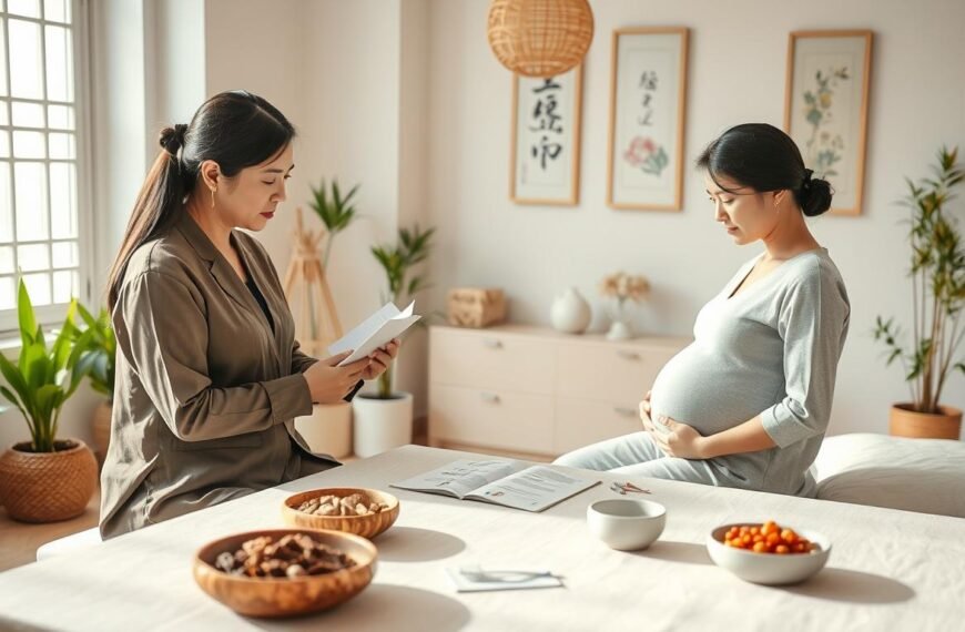 A serene and harmonious scene depicting a traditional Chinese medicine practitioner guiding a pregnant woman through a holistic wellness consultation. In the foreground, the practitioner, dressed in modest, professional attire, is attentively discussing a personalized herbal medicine regimen with the pregnant woman, who is also in comfortable, casual clothing. The middle ground features a beautifully arranged consultation table with herbal ingredients, acupuncture needles, and wellness pamphlets. In the background, a calming environment filled with soft natural light coming through a window, showcasing traditional Chinese decor such as bamboo plants and pastel-colored wall art. The overall mood is nurturing and supportive, emphasizing a path to health and wellness during pregnancy, with a focus on traditional Chinese practices.