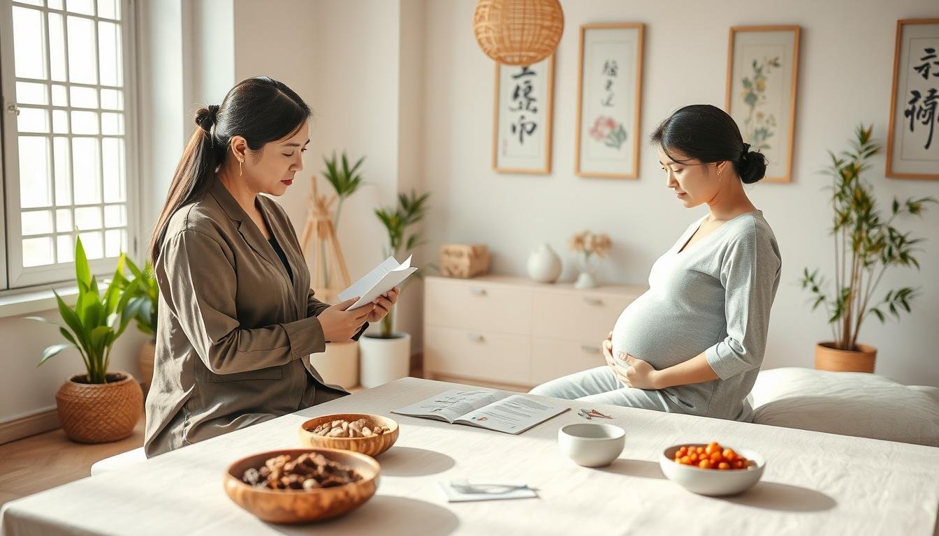 A serene and harmonious scene depicting a traditional Chinese medicine practitioner guiding a pregnant woman through a holistic wellness consultation. In the foreground, the practitioner, dressed in modest, professional attire, is attentively discussing a personalized herbal medicine regimen with the pregnant woman, who is also in comfortable, casual clothing. The middle ground features a beautifully arranged consultation table with herbal ingredients, acupuncture needles, and wellness pamphlets. In the background, a calming environment filled with soft natural light coming through a window, showcasing traditional Chinese decor such as bamboo plants and pastel-colored wall art. The overall mood is nurturing and supportive, emphasizing a path to health and wellness during pregnancy, with a focus on traditional Chinese practices.