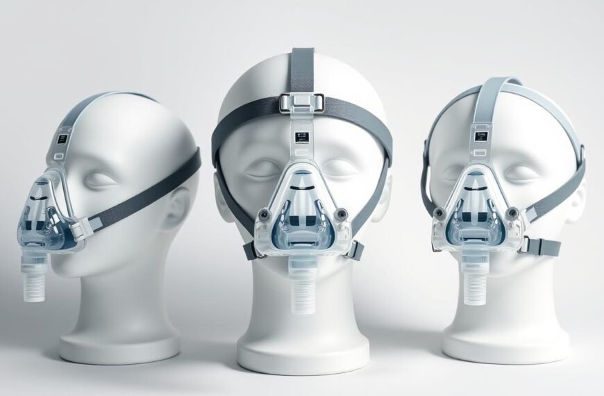High-quality studio product photography of three distinct CPAP masks: a Nasal Mask, a Nasal Pillow Mask, and a Full Face Mask, displayed on minimalist head forms, clean medical aesthetics, bright professional lighting, 8k resolution.