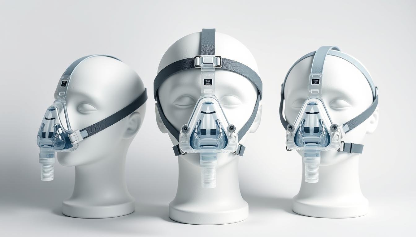 High-quality studio product photography of three distinct CPAP masks: a Nasal Mask, a Nasal Pillow Mask, and a Full Face Mask, displayed on minimalist head forms, clean medical aesthetics, bright professional lighting, 8k resolution.