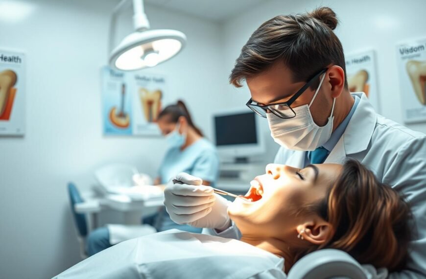 A dental clinic setting showcasing a professional dentist, dressed in a white coat and mask, extracting wisdom teeth from a patient lying comfortably in a dental chair. In the foreground, the dentist focuses intently on a dental tool, while in the background, a dental assistant prepares instruments with a calm demeanor. The room is well-lit with soft, bright lighting to enhance the cleanliness and sterility, creating a reassuring atmosphere. The walls are adorned with posters displaying dental health tips. The perspective is slightly angled to capture both the dentist’s detailed actions and the patient’s relaxed expression, emphasizing the professionalism and care in the procedure, highlighting the potential benefits and risks of simultaneous wisdom tooth extraction.