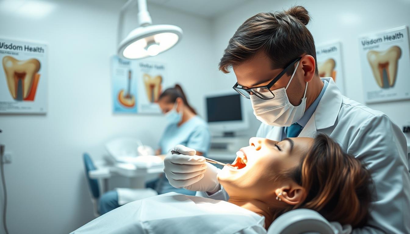 A dental clinic setting showcasing a professional dentist, dressed in a white coat and mask, extracting wisdom teeth from a patient lying comfortably in a dental chair. In the foreground, the dentist focuses intently on a dental tool, while in the background, a dental assistant prepares instruments with a calm demeanor. The room is well-lit with soft, bright lighting to enhance the cleanliness and sterility, creating a reassuring atmosphere. The walls are adorned with posters displaying dental health tips. The perspective is slightly angled to capture both the dentist’s detailed actions and the patient’s relaxed expression, emphasizing the professionalism and care in the procedure, highlighting the potential benefits and risks of simultaneous wisdom tooth extraction.