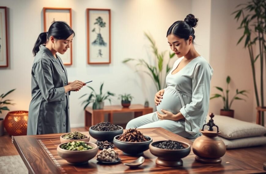 A serene and calming scene depicting a traditional Chinese medicine consultation for a pregnant woman experiencing common discomforts during pregnancy. In the foreground, a professional female practitioner in modest, professional attire is gently examining a pregnant woman sitting comfortably, dressed in light, loose-fitting clothing. The middle ground features traditional Chinese herbs and treatment tools, such as acupressure mats and moxibustion materials, arranged on a wooden table, conveying a holistic approach to wellness. The background shows a softly lit room adorned with serene paintings and bamboo plants, creating a tranquil atmosphere. The lighting is warm and inviting, suggesting a safe space for healing and comfort. The overall mood reflects care, support, and professionalism, emphasizing the focus on pregnancy health and well-being.