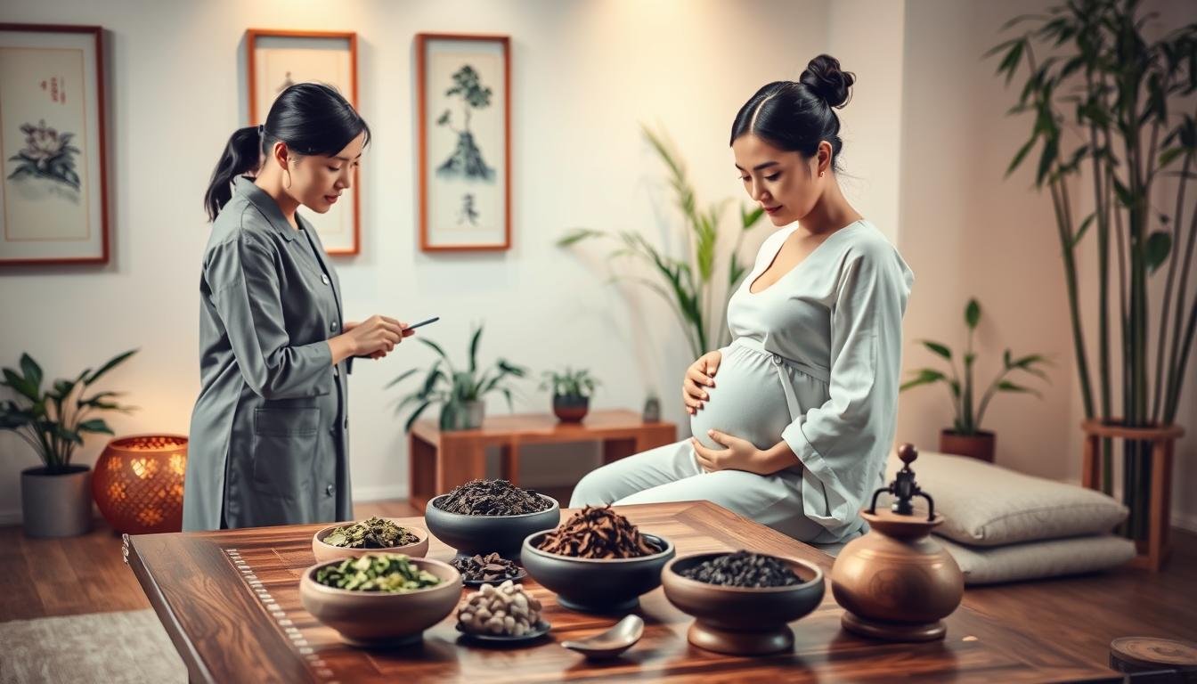 A serene and calming scene depicting a traditional Chinese medicine consultation for a pregnant woman experiencing common discomforts during pregnancy. In the foreground, a professional female practitioner in modest, professional attire is gently examining a pregnant woman sitting comfortably, dressed in light, loose-fitting clothing. The middle ground features traditional Chinese herbs and treatment tools, such as acupressure mats and moxibustion materials, arranged on a wooden table, conveying a holistic approach to wellness. The background shows a softly lit room adorned with serene paintings and bamboo plants, creating a tranquil atmosphere. The lighting is warm and inviting, suggesting a safe space for healing and comfort. The overall mood reflects care, support, and professionalism, emphasizing the focus on pregnancy health and well-being.