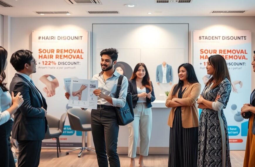 A dynamic and informative scene illustrating the concept of budget-friendly hair removal options for students. In the foreground, display a diverse group of students, dressed in professional business attire and modest casual clothing, discussing various hair removal areas, such as legs, arms, and underarms, with a chart or infographic in hand. In the middle ground, include a modern beauty salon environment with a welcoming reception area, complete with hair removal promotional banners emphasizing student discounts. The background should feature soft, ambient lighting that creates a warm and inviting atmosphere. Utilize a slightly elevated angle to capture the interaction among the students, while ensuring clarity on the chosen body parts for hair removal. Focus on creating a supportive and informative vibe, reflective of students seeking practical beauty solutions.