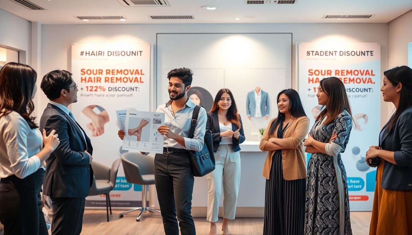 A dynamic and informative scene illustrating the concept of budget-friendly hair removal options for students. In the foreground, display a diverse group of students, dressed in professional business attire and modest casual clothing, discussing various hair removal areas, such as legs, arms, and underarms, with a chart or infographic in hand. In the middle ground, include a modern beauty salon environment with a welcoming reception area, complete with hair removal promotional banners emphasizing student discounts. The background should feature soft, ambient lighting that creates a warm and inviting atmosphere. Utilize a slightly elevated angle to capture the interaction among the students, while ensuring clarity on the chosen body parts for hair removal. Focus on creating a supportive and informative vibe, reflective of students seeking practical beauty solutions.
