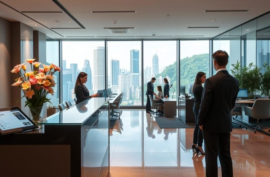 A modern office interior in Central, Hong Kong, showcasing a sleek reception area with a professional staff member in business attire greeting clients. The foreground features a stylish desk adorned with a fresh flower arrangement and a digital directory display. In the middle ground, a spacious workspace with large glass windows offers a view of the vibrant cityscape outside, with skyscrapers and greenery visible. The background includes subtle elements like conference rooms with glass walls and teams collaborating around high-tech equipment. The lighting is bright and inviting, creating a productive atmosphere. The mood is one of professionalism and efficiency, capturing the essence of high-quality service and management in a prestigious business location.