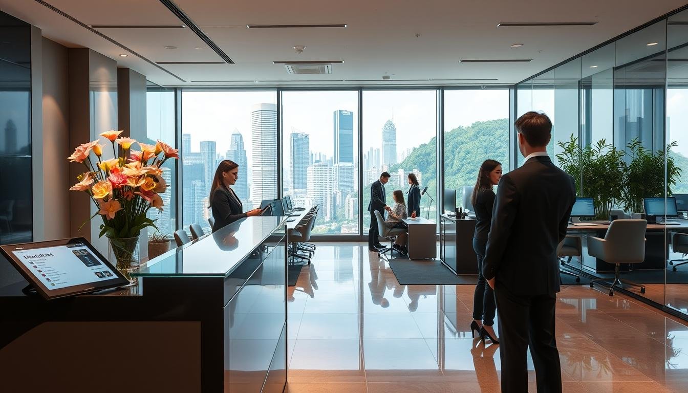 A modern office interior in Central, Hong Kong, showcasing a sleek reception area with a professional staff member in business attire greeting clients. The foreground features a stylish desk adorned with a fresh flower arrangement and a digital directory display. In the middle ground, a spacious workspace with large glass windows offers a view of the vibrant cityscape outside, with skyscrapers and greenery visible. The background includes subtle elements like conference rooms with glass walls and teams collaborating around high-tech equipment. The lighting is bright and inviting, creating a productive atmosphere. The mood is one of professionalism and efficiency, capturing the essence of high-quality service and management in a prestigious business location.