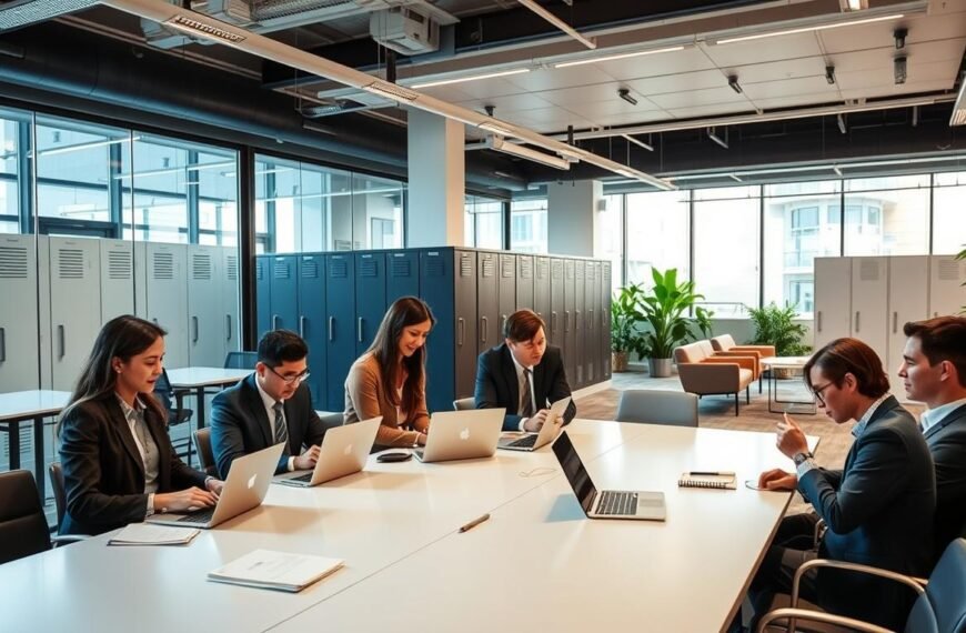 A modern, stylish serviced office environment showcasing collaborative workspaces. In the foreground, a diverse group of professionals in business attire are engaged in a discussion around a sleek conference table, with laptops and notepads scattered about. In the middle, open office layouts feature comfortable seating areas and glass partitions, enhancing a sense of transparency and accessibility. The background reveals private storage lockers, symbolizing security for important documents, alongside greenery for a welcoming atmosphere. Soft, natural lighting filters through large windows, creating a bright and inviting ambiance. The overall mood is dynamic and professional, illustrating how serviced offices can effectively reduce rental and operational costs for businesses, particularly SMEs.