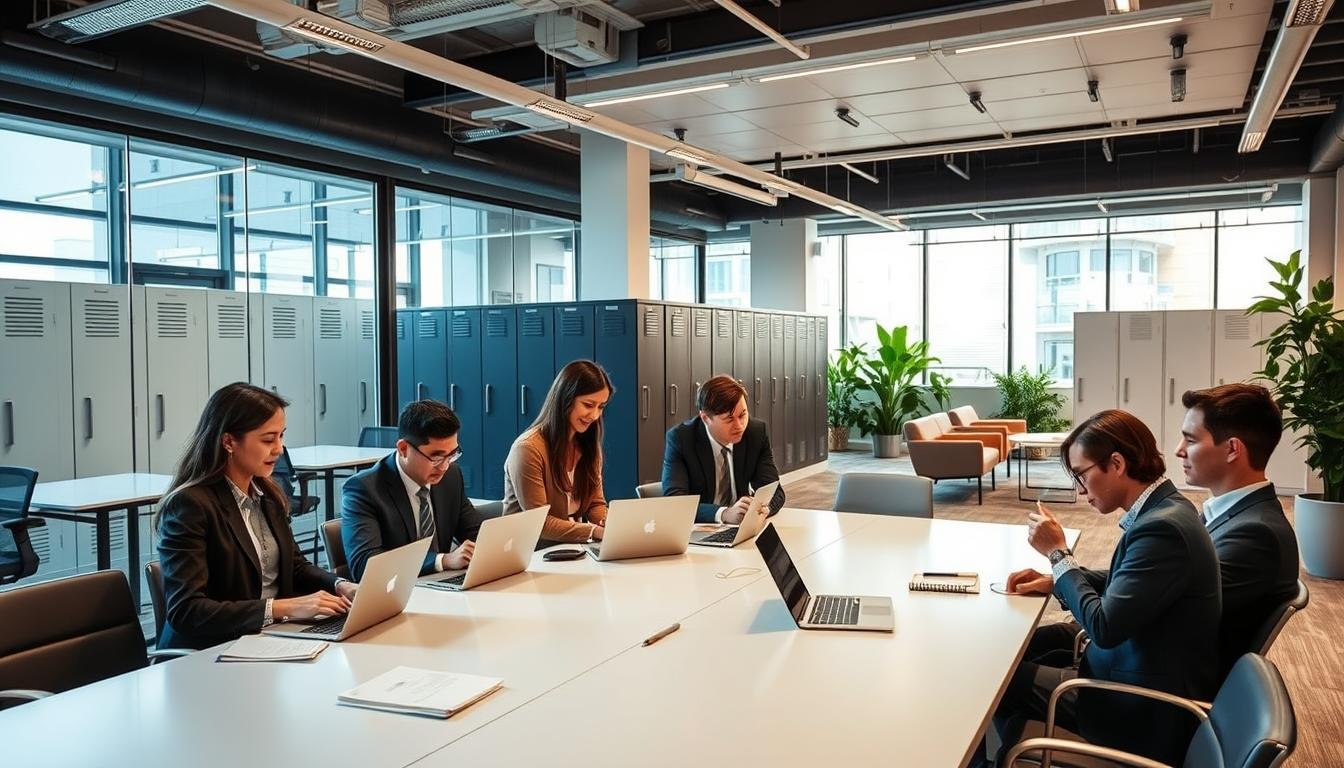 A modern, stylish serviced office environment showcasing collaborative workspaces. In the foreground, a diverse group of professionals in business attire are engaged in a discussion around a sleek conference table, with laptops and notepads scattered about. In the middle, open office layouts feature comfortable seating areas and glass partitions, enhancing a sense of transparency and accessibility. The background reveals private storage lockers, symbolizing security for important documents, alongside greenery for a welcoming atmosphere. Soft, natural lighting filters through large windows, creating a bright and inviting ambiance. The overall mood is dynamic and professional, illustrating how serviced offices can effectively reduce rental and operational costs for businesses, particularly SMEs.