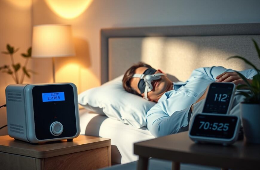 A serene bedroom setting featuring a modern sleep apnea machine on a nightstand beside a neatly made bed. In the foreground, a middle-aged individual in professional attire, comfortably resting with a sleep mask and a CPAP mask, reflecting peaceful sleep. The background shows soft, warm lighting that creates a calming atmosphere, with gentle shadows dancing on the walls. A digital health monitoring device displays stable glucose levels on a nearby table. Botanical elements like potted plants enhance the tranquil environment, symbolizing health and well-being. The composition should evoke serenity and highlight the connection between improved sleep quality and diabetes management, with a focus on harmony and recovery.