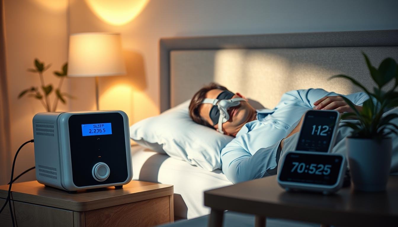 A serene bedroom setting featuring a modern sleep apnea machine on a nightstand beside a neatly made bed. In the foreground, a middle-aged individual in professional attire, comfortably resting with a sleep mask and a CPAP mask, reflecting peaceful sleep. The background shows soft, warm lighting that creates a calming atmosphere, with gentle shadows dancing on the walls. A digital health monitoring device displays stable glucose levels on a nearby table. Botanical elements like potted plants enhance the tranquil environment, symbolizing health and well-being. The composition should evoke serenity and highlight the connection between improved sleep quality and diabetes management, with a focus on harmony and recovery.
